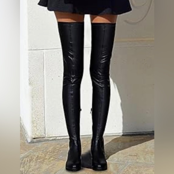 Thigh high PU leather flat boots - Picture 4 of 5